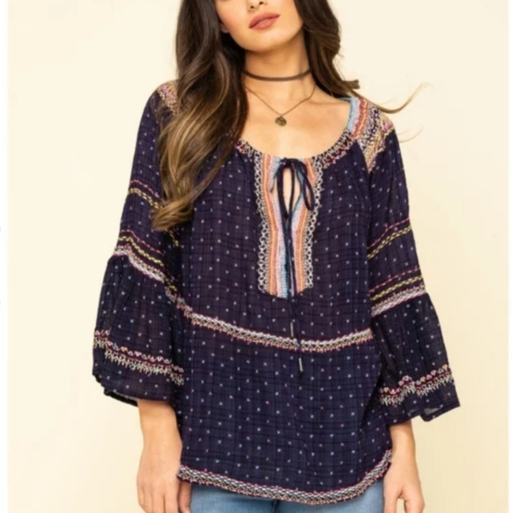 FREE People Talia Embroidered Blouse Colorful Boho Oversized  XS